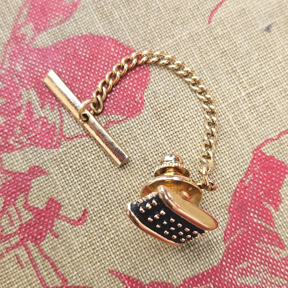 Vintage 60s 70s Tie Tack Gold Tone Black Textured Midcentury Office Accessory